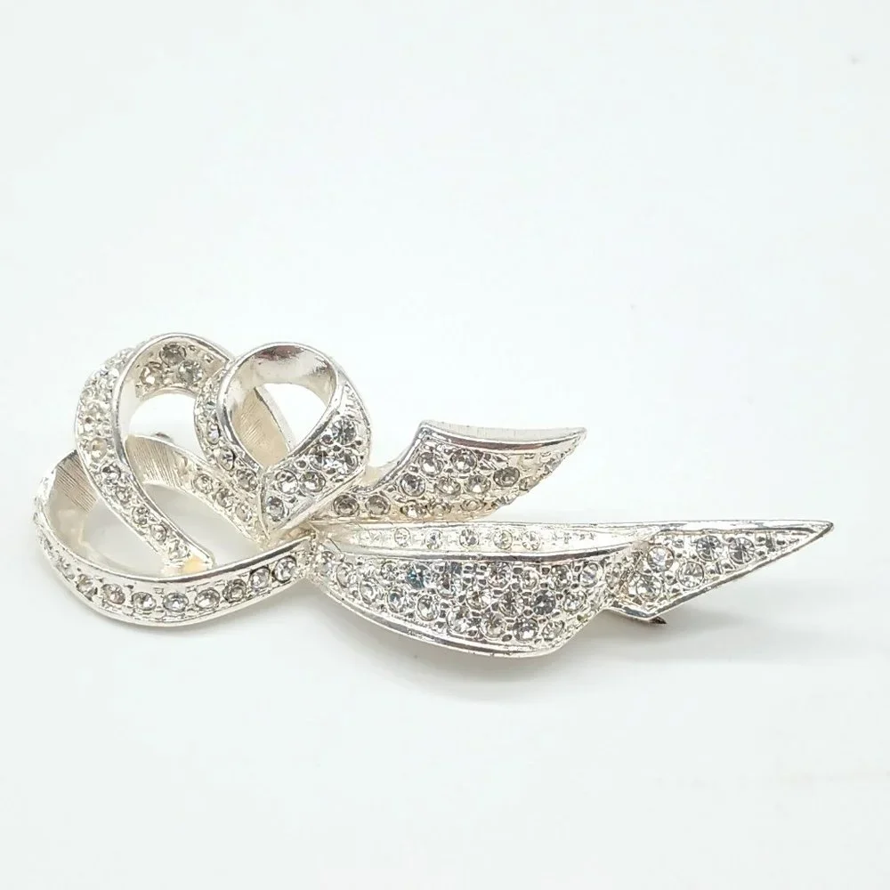 Coro Silver Crystal Ribbon Brooch. Women's Silver Cluster Spray Bow Pin Jewelry